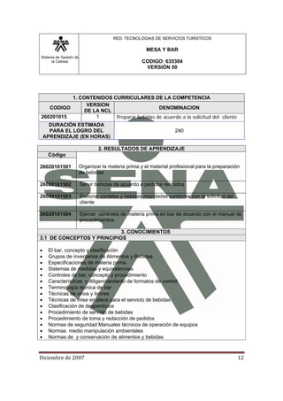 Sistema de Gestión de
la Calidad
RED: TECNOLOGIAS DE SERVICIOS TURISTICOS
MESA Y BAR
CODIGO: 635304
VERSIÓN 50
Diciembre de 2007 12 
1. CONTENIDOS CURRICULARES DE LA COMPETENCIA
CODIGO
VERSION
DE LA NCL
DENOMINACION
260201015 1 Preparar bebidas de acuerdo a la solicitud del cliente
DURACIÓN ESTIMADA
PARA EL LOGRO DEL
APRENDIZAJE (EN HORAS)
240
2. RESULTADOS DE APRENDIZAJE
Código
Organizar la materia prima y el material profesional para la preparación
de bebidas
26020101501
26020101502 Servir bebidas de acuerdo a pedidos recibidos
26020101503 Elaborar cócteles y bebidas mezcladas conforme con la solicitud del
cliente
26020101504 Ejercer controles de materia prima en bar de acuerdo con el manual de
procedimientos
3. CONOCIMIENTOS
3.1 DE CONCEPTOS Y PRINCIPIOS
• El bar, concepto y clasificación
• Grupos de inventarios de Alimentos y Bebidas
• Especificaciones de materia prima.
• Sistemas de medidas y equivalencias
• Controles de bar, concepto y procedimiento
• Características y diligenciamiento de formatos de control
• Terminología técnica de bar
• Técnicas de vinos y licores
• Técnicas de mise en place para el servicio de bebidas
• Clasificación de desperdicios
• Procedimiento de servicio de bebidas
• Procedimiento de toma y redacción de pedidos
• Normas de seguridad Manuales técnicos de operación de equipos
• Normas medio manipulación ambientales
• Normas de y conservación de alimentos y bebidas
 