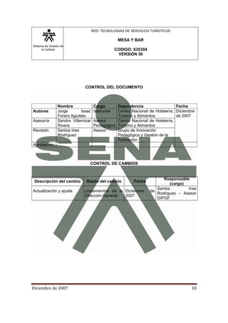 Sistema de Gestión de
la Calidad
RED: TECNOLOGIAS DE SERVICIOS TURISTICOS
MESA Y BAR
CODIGO: 635304
VERSIÓN 50
Diciembre de 2007 18 
CONTROL DEL DOCUMENTO
Nombre Cargo Dependencia Fecha
Autores Jorge Isaac
Forero Agudelo
Instructor Centro Nacional de Hotelería,
Turismo y Alimentos
Diciembre
de 2007
Asesoría Sandra Villamizar
Rivera
Asesor
Pedagógico
Centro Nacional de Hotelería,
Turismo y Alimentos
Revisión Santos Ines
Rodriguez
Asesor Grupo de Innovación
Pedagógica y Gestión de la
Formación
Aprobación
CONTROL DE CAMBIOS
Descripción del cambio Razón del cambio Fecha
Responsable
(cargo)
Actualización y ajuste Lineamientos de la
Dirección General
Diciembre de
2007
Santos Ines
Rodriguez – Asesor
GIPGF
 