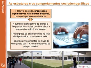 As estruturas e os comportamentos sociodemográficos
• aumento significativo de alunos a
frequentar formações pós-licenciatura
(mestrados e doutoramentos);
• maior peso do sexo feminino no total
de diplomados no ensino superior;
• enormes investimentos ao nível da
divulgação das TIC e da renovação do
parque escolar.
 Houve, contudo, progressos
significativos nas últimas décadas,
dos quais poderemos destacar:
 