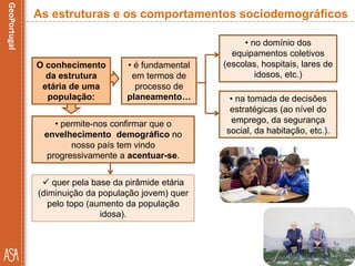 • na tomada de decisões
estratégicas (ao nível do
emprego, da segurança
social, da habitação, etc.).
As estruturas e os comportamentos sociodemográficos
O conhecimento
da estrutura
etária de uma
população:
• no domínio dos
equipamentos coletivos
(escolas, hospitais, lares de
idosos, etc.)
• é fundamental
em termos de
processo de
planeamento…
• permite-nos confirmar que o
envelhecimento demográfico no
nosso país tem vindo
progressivamente a acentuar-se.
 quer pela base da pirâmide etária
(diminuição da população jovem) quer
pelo topo (aumento da população
idosa).
 