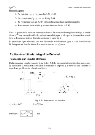 Capítulo 3 – Respuesta de un Oscilador Simple
3-10
Forma de operar:
1- Se calculan 0px y 0px& con las 3.39 y 3.40
2- Se computan c1’ y c2’ con las 3.43 y 3.44
3- Se reemplaza todo en 3.32 y se tiene la respuesta en desplazamientos
4- Para obtener velocidades y aceleraciones se deriva la 3.32
Nota: la parte de la solución correspondiente a la ecuación homogénea incluye el coefi-
ciente e-ξωt
que es una función decreciente con el tiempo, por lo que se la denomina transi-
toria y desaparece antes o después según sea el valor de ξ.
La estructura sigue vibrando con una frecuencia prácticamente igual a la de la excitación
Ω. Esta parte de la solución se denomina respuesta en régimen.
Excitación arbitraria. Integral de Duhamel
Respuesta a un impulso elemental
Dada una carga impulsiva como la de la fig. 3-4(d), para condiciones iniciales nulas, pue-
de calcularse la velocidad y posición al finalizar el impulso y a partir de ese instante se
trata de un problema de vibraciones libres.
P(τ)
F(t)
dτ
i
τ
f
t
c
k
P P(τ) m
α
dτ
αtg=f
x&
i
f
t
x
Fig. 3.5 - Respuesta a un impulso
τdxxx if &&&& += ; ( ) mPx τ=&&
entonces:
( ) τ
τ
d
m
P
xf =& (a)
 