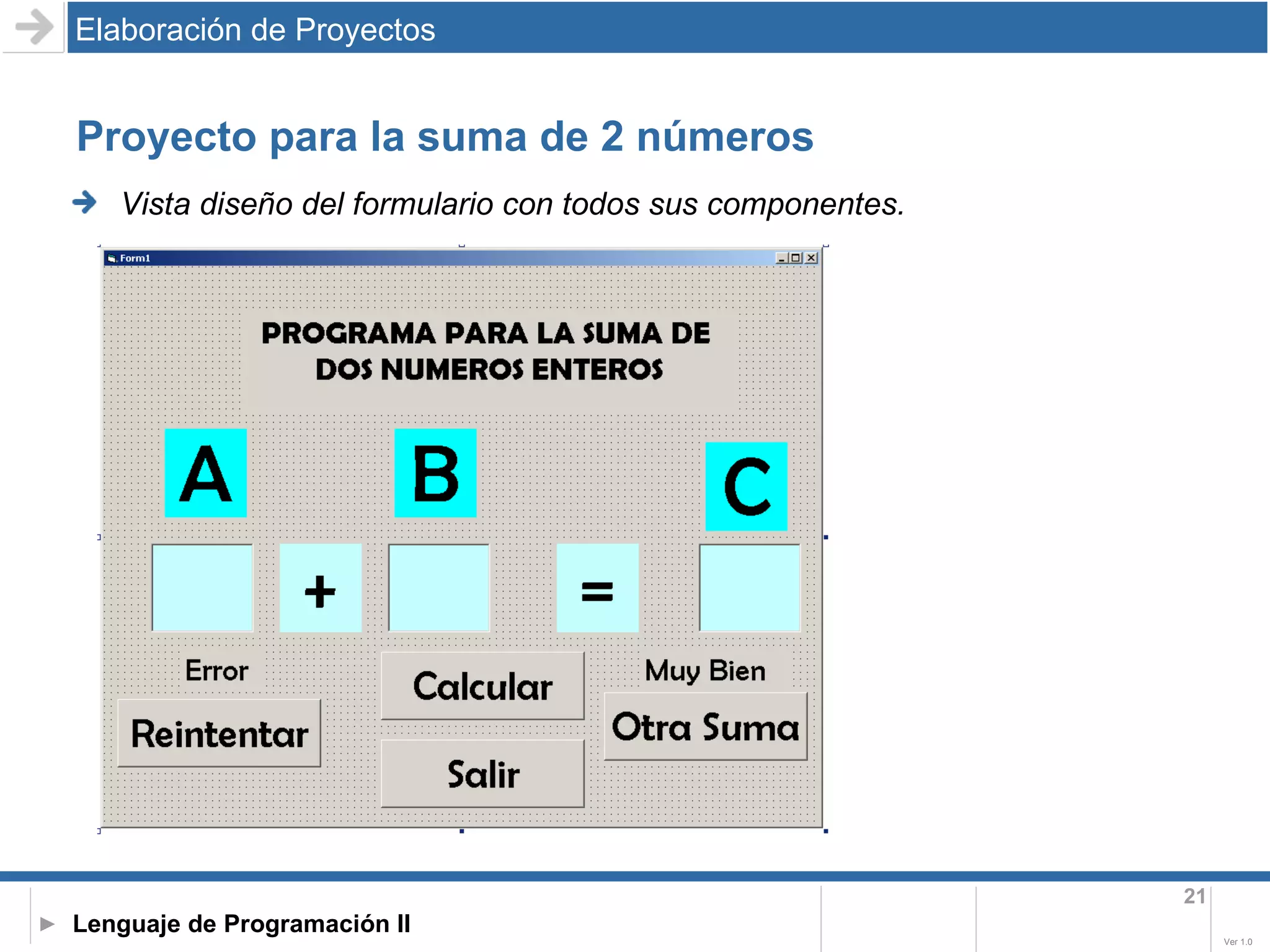 Proyecto para la suma de 2 números Elaboración de Proyectos Vista diseño del formulario con todos sus componentes. 