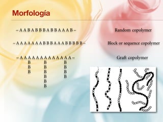 Morfología 
– A A B A B B B A B B A A A B – Random copolymer 
– A A A A A A A B B B A A A B B B B B – Block or sequence copolymer 
– A A A A A A A A A A A A A – Graft copolymer 
B B B 
B B B 
B B B 
B B 
BB 
 