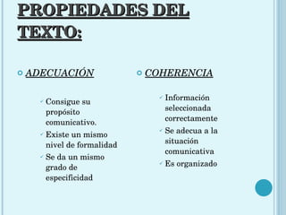 PROPIEDADES DEL TEXTO: ADECUACIÓN Consigue su propósito comunicativo. Existe un mismo nivel de formalidad Se da un mismo grado de especificidad COHERENCIA Información seleccionada correctamente Se adecua a la situación comunicativa Es organizado 
