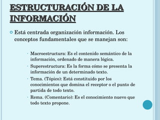 ESTRUCTURACIÓN DE LA INFORMACIÓN Está centrada organización información. Los conceptos fundamentales que se manejan son: Macroestructura: Es el contenido semántico de la información, ordenado de manera lógica. Superestructura: Es la forma cómo se presenta la información de un determinado texto. Tema. (Tópico): Está constituido por los conocimientos que domina el receptor o el punto de partida de todo texto. Rema. (Comentario): Es el conocimiento nuevo que todo texto propone. 