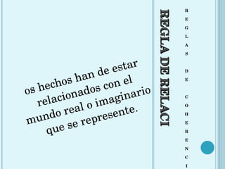 REGLA DE RELACIÓN R E G L A S D E C O H E R E N C I A Los hechos han de estar relacionados con el mundo real o imaginario que se represente. 