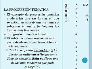 PROGRESIÓN  TEMÁTICA R E G L A S DE  C O H E S I O N LA PROGRESIÓN TEMÁTICA El concepto de progresión temática alude a las diversas formas en que se articulan sucesivamente temas y subtemas en un texto. Veamos las formas más frecuentes: a.  Progresión temática lineal:  El subtema de una oración -o una parte de él- se convierte en el tema de la siguiente.  "Me he comprado  un coche   y  le  he puesto un  radio   cassette  que tiene 20 w de potencia.  Esta radio  es una de las más modernas que pude conseguir”.  