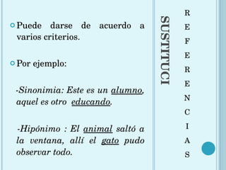 SUSTITUCIÓN LÉXICA R E F E R E N C I A S Puede darse de acuerdo a varios criterios.  Por ejemplo: -Sinonimia: Este es un  alumno , aquel es otro  educando .  -Hipónimo : El  animal  saltó a la ventana, allí el  gato  pudo observar todo. 
