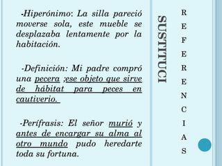 SUSTITUCIÓN LÉXICA R E F E R E N C I A S - Hiperónimo :  La silla pareció moverse sola, este mueble se desplazaba lentamente por la habitación.  -Definición: Mi padre compró una  pecera  ; ese objeto que sirve de hábitat para peces en cautiverio.  -Perífrasis: El señor  murió  y  antes de encargar su alma al otro mundo  pudo heredarte toda su fortuna. 