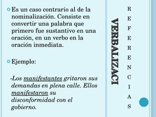 VERBALIZACIÓN R E F E R E N C I A S Es un caso contrario al de la nominalización. Consiste en convertir una palabra que primero fue sustantivo en una oración, en un verbo en la oración inmediata.  Ejemplo:  - Los  manifestantes  gritaron sus demandas en plena calle. Ellos  manifestaron  su disconformidad con el gobierno. 