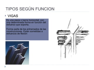 TIPOS SEGÚN FUNCION VIGAS Es una pieza o barra horizontal, con una determinada forma en función del esfuerzo que soporta.  Forma parte de los entramados de las construcciones. Están sometidas a esfuerzos de flexión 
