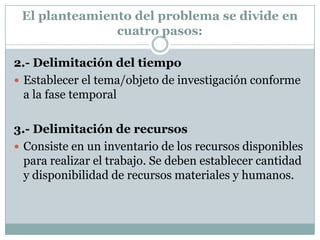 El planteamiento del problema se divide en cuatro pasos:Ejemplo: investigar el tema de la iluminación1.- Delimitación en el espacio físico-geográfico (de la iluminación)Delimitar el objeto de investigación de acuerdo a las posibilidades.Evitar plantear un tema muy general (iluminación)Procurar ser mas especifico (los países o ciudades son muy diferente en aspectos culturales, superficie, recursos etc.).Delimitar el objeto de investigación en su espacio físico, para que sea accesible (El problema de iluminación del Centro Universitario, Victoria). 