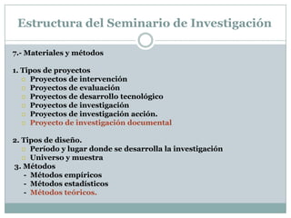 Estructura del Seminario de Investigación1. - Portada Titulo (Denominación del estudio) 2. - Índice 3.- Introducción 4.- Planteamiento  del problema 5.- Antecedentes 6.- Objetivo e Hipótesis 