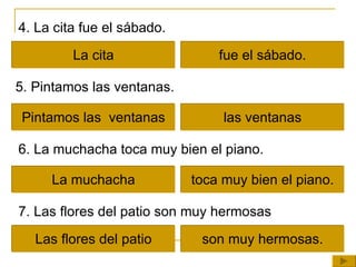 4. La cita fue el sábado. 5. Pintamos las ventanas. 6. La muchacha toca muy bien el piano. fue el sábado. Pintamos las  ventanas toca muy bien el piano. La cita las ventanas La muchacha 7. Las flores del patio son muy hermosas Las flores del patio son muy hermosas. 