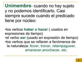 Unimembre -  cuando no hay sujeto y no podemos identificarlo. Casi siempre sucede cuando el predicado tiene por núcleo: los verbos  haber o hacer  ( usados en  expresiones de tiempo) el verbo  ser  (usado en expresión de tiempo) los verbos que se refieren a fenómenos de la naturaleza:  llover, tronar, relampaguear,  amanecer,anochecer, etc. 