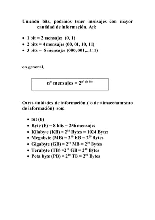 Uniendo bits, podemos tener mensajes con mayor
cantidad de información. Así:
• 1 bit = 2 mensajes (0, 1)
• 2 bits = 4 mensajes (00, 01, 10, 11)
• 3 bits = 8 mensajes (000, 001,...111)
en general,
Otras unidades de información ( o de almacenamisnto
de información) son:
• bit (b)
• Byte (B) = 8 bits = 256 mensajes
• Kilobyte (KB) = 210
Bytes = 1024 Bytes
• Megabyte (MB) = 210
KB = 220
Bytes
• Gigabyte (GB) = 210
MB = 230
Bytes
• Terabyte (TB) =210
GB = 240
Bytes
• Peta byte (PB) = 210
TB = 250
Bytes
nº mensajes = 2nº de bits
 