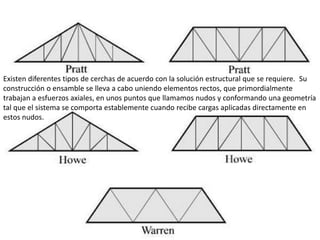 Existen diferentes tipos de cerchas de acuerdo con la solución estructural que se requiere. Su
construcción o ensamble se lleva a cabo uniendo elementos rectos, que primordialmente
trabajan a esfuerzos axiales, en unos puntos que llamamos nudos y conformando una geometría
tal que el sistema se comporta establemente cuando recibe cargas aplicadas directamente en
estos nudos.
 
