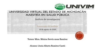 Análisis de investigación
Estructura del análisis
16 de agosto de 2020
Tutora: Mtra. Mónica Servín meza Ramírez
Alumno: Jesús Alberto Ramírez Cantú
 