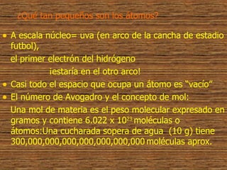 ¿Qué tan pequeños son los átomos? A escala núcleo= uva (en arco de la cancha de estadio futbol), el primer electrón del hidrógeno  ¡estaría en el otro arco! Casi todo el espacio que ocupa un átomo es “vacío” El número de Avogadro y el concepto de mol: Una mol de materia es el peso molecular expresado en gramos y contiene 6.022 x  10 23  moléculas o átomos:Una cucharada sopera de agua  (10 g) tiene 300,000,000,000,000,000,000,000   moléculas aprox.   