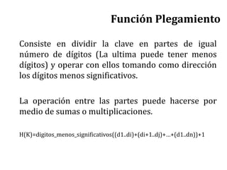 Función Plegamiento
Consiste en dividir la clave en partes de igual
número de dígitos (La ultima puede tener menos
dígitos) y operar con ellos tomando como dirección
los dígitos menos significativos.
La operación entre las partes puede hacerse por
medio de sumas o multiplicaciones.
H(K)=digitos_menos_significativos((d1..di)+(di+1..dj)+…+(d1..dn))+1
 