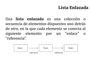 Lista Enlazada
Una lista enlazada es una colección o
secuencia de elementos dispuestos uno detrás
de otro, en la que cada elemento se conecta al
siguiente elemento por un “enlace” o
“referencia”.
 