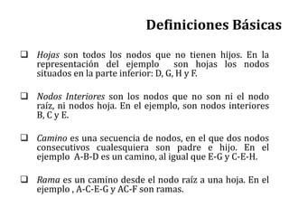  Hojas son todos los nodos que no tienen hijos. En la
representación del ejemplo son hojas los nodos
situados en la parte inferior: D, G, H y F.
 Nodos Interiores son los nodos que no son ni el nodo
raíz, ni nodos hoja. En el ejemplo, son nodos interiores
B, C y E.
 Camino es una secuencia de nodos, en el que dos nodos
consecutivos cualesquiera son padre e hijo. En el
ejemplo A-B-D es un camino, al igual que E-G y C-E-H.
 Rama es un camino desde el nodo raíz a una hoja. En el
ejemplo , A-C-E-G y AC-F son ramas.
Definiciones Básicas
 