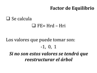 Factor de Equilibrio
 Se calcula
 FE= Hrd – Hri
Los valores que puede tomar son:
-1, 0, 1
Si no son estos valores se tendrá que
reestructurar el árbol
 