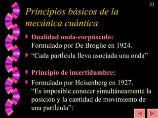 Principios básicos de la mecánica cuántica Dualidad onda-corpúsculo:   Formulado por De Broglie en 1924. “ Cada partícula lleva asociada una onda” Principio de incertidumbre:   Formulado por Heisenberg en 1927. “Es imposible conocer simultáneamente la posición y la cantidad de movimiento de una partícula”: 