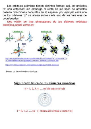 Los orbitales atómicos tienen distintas formas; así, los orbitales
“s” son esféricos; sin embargo el resto de los tipos de orbitales
poseen direcciones concretas en el espacio; por ejemplo cada uno
de los orbitales “p” se alinea sobre cada uno de los tres ejes de
coordenadas.
    Una visión en tres dimensiones de los distintos orbitales
atómicos puede verse en:

           Orbitales “p”                        Orbitales “d”




  http://www.gobiernodecanarias.org/educacion/3/Usrn/lentiscal/2-CD-Fiisca-TIC/2-
  8Cuantica/Orbitales3D/Hydrogen%20Atom%20Orbital%20Viewer.htm

  http://www.textoscientificos.com/quimica/inorganica/orbitales-atomicos


  Forma de los orbitales atómicos.



             Significado físico de los números cuánticos
                           n = 1, 2, 3, 4, … (nº de capa o nivel)




                 l = 0, 1, 2, … (n - 1) (forma del orbital o subnivel)
 