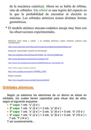 de la mecánica cuántica). Ahora no se habla de órbitas,
      sino de orbitales. Un orbital es una región del espacio en
      la que la probabilidad de encontrar al electrón es
      máxima. Los orbitales atómicos tienen distintas formas
      geométricas.
  * El modelo atómico mecano-cuántico encaja muy bien con
     las observaciones experimentales.

    Diferencia entre órbita y orbital       ( en orbitales atómicos----bases mecánica cuántica---ppio
    incertidumbre)

    http://www.educared.net/ProfesoresInnovadores/unidades/plantillas/Modelos.swf

    Resolución “aproximada” ecuación de Schrödinger

    http://es.wikipedia.org/wiki/Ecuaci%C3%B3n_de_Schr%C3%B6dinger

    http://www.astrocosmo.cl/anexos/e-scrodinger.htm

    http://www2.uah.es/edejesus/ampliaciones/EQEM/Resolucion_Schrodinger.htm


    Video materia según mecánica cuántica

    http://www.youtube.com/watch?v=PNPHQ_1U4fE

    Repaso conceptos

    http://www.iesaguilarycano.com/dpto/fyq/ma/ma8.html



Orbitales atómicos.

    Según ya sabemos los electrones de un átomo se sitúan en
orbitales, los cuales tienen capacidad para situar dos de ellos,
según el siguiente esquema:
    • 1ª capa: 1 orb. “s” (2 e–)
    • 2ª capa: 1 orb. “s” (2 e–) + 3 orb. “p” (6 e–)
    • 3ª capa: 1 orb. “s” (2 e–) + 3 orb. “p” (6 e–) + 5 orb. “d” (10 e–)
    • 4ª capa: 1 orb. “s” (2 e–) + 3 orb. “p” (6 e–) + 5 orb. “d” (10 e–) +
      7 orb. “f” (14 e–)
    Y así sucesivamente…
 