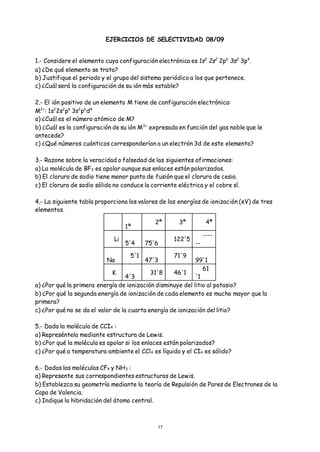 17
EJERCICIOS DE SELECTIVIDAD 08/09
1.- Considere el elemento cuya configuración electrónica es 1s2
2s2
2p6
3s2
3p4
.
a) ¿De qué elemento se trata?
b) Justifique el periodo y el grupo del sistema periódico a los que pertenece.
c) ¿Cuál será la configuración de su ión más estable?
2.- El ión positivo de un elemento M tiene de configuración electrónica:
M2+
: 1s2
2s2
p6
3s2
p6
d4
a) ¿Cuál es el número atómico de M?
b) ¿Cuál es la configuración de su ión M3+
expresada en función del gas noble que le
antecede?
c) ¿Qué números cuánticos corresponderían a un electrón 3d de este elemento?
3.- Razone sobre la veracidad o falsedad de las siguientes afirmaciones:
a) La molécula de BF3 es apolar aunque sus enlaces están polarizados.
b) El cloruro de sodio tiene menor punto de fusión que el cloruro de cesio.
c) El cloruro de sodio sólido no conduce la corriente eléctrica y el cobre sí.
4.- La siguiente tabla proporciona los valores de las energías de ionización (eV) de tres
elementos.
1ª
2ª 3ª 4ª
Li
5'4 75'6
122'5
----
--
Na
5'1
47'3
71'9
99'1
K
4'3
31'8 46'1
61
'1
a) ¿Por qué la primera energía de ionización disminuye del litio al potasio?
b) ¿Por qué la segunda energía de ionización de cada elemento es mucho mayor que la
primera?
c) ¿Por qué no se da el valor de la cuarta energía de ionización del litio?
5.- Dada la molécula de CCI4 :
a) Represéntela mediante estructura de Lewis.
b) ¿Por qué la molécula es apolar si los enlaces están polarizados?
c) ¿Por qué a temperatura ambiente el CCl4 es líquido y el CI4 es sólido?
6.- Dadas las moléculas CF4 y NH3 :
a) Represente sus correspondientes estructuras de Lewis.
b) Establezca su geometría mediante la teoría de Repulsión de Pares de Electrones de la
Capa de Valencia.
c) Indique la hibridación del átomo central.
 