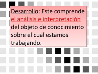 Desarrollo: Este comprende
el análisis e interpretación
del objeto de conocimiento
sobre el cual estamos
trabajando.
Desarrollo: Este comprende
el análisis e interpretación
del objeto de conocimiento
sobre el cual estamos
trabajando.
 