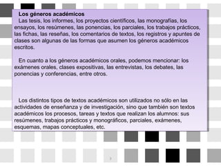 Los géneros académicos
Las tesis, los informes, los proyectos científicos, las monografías, los
ensayos, los resúmenes, las ponencias, los parciales, los trabajos prácticos,
las fichas, las reseñas, los comentarios de textos, los registros y apuntes de
clases son algunas de las formas que asumen los géneros académicos
escritos.
En cuanto a los géneros académicos orales, podemos mencionar: los
exámenes orales, clases expositivas, las entrevistas, los debates, las
ponencias y conferencias, entre otros.
Los distintos tipos de textos académicos son utilizados no sólo en las
actividades de enseñanza y de investigación, sino que también son textos
académicos los procesos, tareas y textos que realizan los alumnos: sus
resúmenes, trabajos prácticos y monográficos, parciales, exámenes,
esquemas, mapas conceptuales, etc.
Los géneros académicos
Las tesis, los informes, los proyectos científicos, las monografías, los
ensayos, los resúmenes, las ponencias, los parciales, los trabajos prácticos,
las fichas, las reseñas, los comentarios de textos, los registros y apuntes de
clases son algunas de las formas que asumen los géneros académicos
escritos.
En cuanto a los géneros académicos orales, podemos mencionar: los
exámenes orales, clases expositivas, las entrevistas, los debates, las
ponencias y conferencias, entre otros.
Los distintos tipos de textos académicos son utilizados no sólo en las
actividades de enseñanza y de investigación, sino que también son textos
académicos los procesos, tareas y textos que realizan los alumnos: sus
resúmenes, trabajos prácticos y monográficos, parciales, exámenes,
esquemas, mapas conceptuales, etc.
3
 
