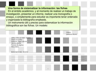 Una forma de sistematizar la información: las fichas
En el ámbito académico, y al momento de realizar un trabajo de
investigación, presentar un informe, realizar una monografía o
ensayo, o simplemente para estudiar es importante tener ordenada
y organizada la bibliografía empleada.
Un instrumento útil y preciso para sistematizar la información
bibliográfica son las fichas. Un modelo:
Una forma de sistematizar la información: las fichas
En el ámbito académico, y al momento de realizar un trabajo de
investigación, presentar un informe, realizar una monografía o
ensayo, o simplemente para estudiar es importante tener ordenada
y organizada la bibliografía empleada.
Un instrumento útil y preciso para sistematizar la información
bibliográfica son las fichas. Un modelo:
  TEMA 
(palabras claves)
APELLIDO AUTOR, Nombre
Título de la obra
Editorial, Lugar edición
Año de edición
Número de páginas
Otros datos.
 
 
RESUMEN DEL TEXTO: ...........................................................................................................
.......................................................................................................................................................................................
.......................................................................................................................................................................................
.......................................................................................................................................................................................
.......................................................................................................................................................................................
.......................................................................................................................................................................................
......................................................................................................................................................................................
5
 
