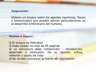 Asignación:

 Elabore un ensayo sobre los agentes (químicos, físicos
 y emocionales) que pueden ejercer perturbaciones en
 el desarrollo embrionario del humano.



Pautas a seguir:

 El ensayo es individual
 Debe poseer no más de 05 paginas
 La estructura debe comprender : introducción,
desarrollo y conclusión. De su opinión, crítica,
reflexión y punto de vista.
 No olvides incorporar la fuente de información
 