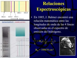 Relaciones
Espectroscópicas
• En 1885, J. Balmer encontró una
relación matemática entre las
longitudes de onda de las 4 líneas
observadas en el espectro de
emisión del hidrógeno.
= RH ( )
22
1
ni
2
–
11
RH = 109678 cm-1
 