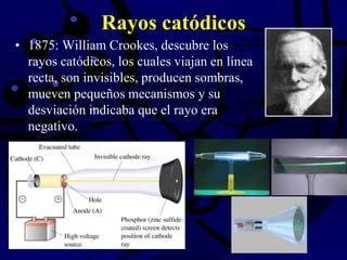 Rayos catódicos
• 1875: William Crookes, descubre los
rayos catódicos, los cuales viajan en línea
recta, son invisibles, producen sombras,
mueven pequeños mecanismos y su
desviación indicaba que el rayo era
negativo.
 