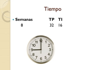 Tiempo
 Semanas TP TI
8 32 16
 