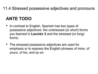 11.4 Stressed possessive adjectives and pronouns
ANTE TODO
 In contrast to English, Spanish has two types of
possessive adjectives: the unstressed (or short) forms
you learned in Lección 3 and the stressed (or long)
forms.
 The stressed possessive adjectives are used for
emphasis or to express the English phrases of mine, of
yours, of his, and so on.
 