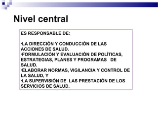 Nivel central
ES RESPONSABLE DE:
•LA DIRECCIÓN Y CONDUCCIÓN DE LAS
ACCIONES DE SALUD.
•FORMULACIÓN Y EVALUACIÓN DE POLÍTICAS,
ESTRATEGIAS, PLANES Y PROGRAMAS DE
SALUD.
•ELABORAR NORMAS, VIGILANCIA Y CONTROL DE
LA SALUD, Y
•LA SUPERVISIÓN DE LAS PRESTACIÓN DE LOS
SERVICIOS DE SALUD.
 