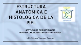 ESTRUCTURA
ANATÓMICA E
HISTOLÓGICA DE LA
PIEL
SERVICIO DE DERMATOLOGÍA
HOSPITAL HONORIO DELGADO ESPINOZA
MR1 Silvana Vasquez Cuentas
 