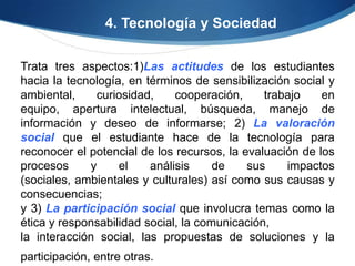 4. Tecnología y Sociedad

Trata tres aspectos:1)Las actitudes de los estudiantes
hacia la tecnología, en términos de sensibilización social y
ambiental,    curiosidad,     cooperación,     trabajo    en
equipo, apertura intelectual, búsqueda, manejo de
información y deseo de informarse; 2) La valoración
social que el estudiante hace de la tecnología para
reconocer el potencial de los recursos, la evaluación de los
procesos     y     el    análisis     de    sus    impactos
(sociales, ambientales y culturales) así como sus causas y
consecuencias;
y 3) La participación social que involucra temas como la
ética y responsabilidad social, la comunicación,
la interacción social, las propuestas de soluciones y la
participación, entre otras.
 