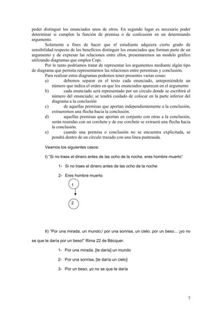 poder distinguir los enunciados unos de otros. En segundo lugar es necesario poder
determinar si cumplen la función de premisa o de conlcusión en un determiando
argumento.
        Solamente a fines de hacer que el estudiante adquiera cierto grado de
sensibilidad respecto de los beneficios distinguir los enunciados que forman parte de un
argumento y de expresar las relaciones entre ellos, presentaremos un modelo gráfico
utilizando diagramas que emplea Copi.
        Por lo tanto podríamos tratar de representar los argumentos mediante algún tipo
de diagrama que permita representarnos las relaciones entre peremisas y conclusión.
        Para realizar estos diagramas podemos tener presentes varias cosas:
        a)         debemos separar en el texto cada enunciado, anteponiéndole un
            número que indica el orden en que los enunciados aparecen en el argumento
        b)         cada enunciado será representado por un círculo donde se escribirá el
            número del enunciado; se tendrá cuidado de colocar en la parte inferior del
            diagrama a la conclusión
        c)         de aquellas premisas que aportan independientemente a la conclusión,
            extraeremos una flecha hacia la conclusión.
        d)         aquellas premisas que aportan en conjunto con otras a la conclusión,
            serán reunidas con un corchete y de ese corchete se extraerá una flecha hacia
            la conclusión.
        e)         cuando una premisa o conclusión no se encuentra explicitada, se
            pondrá dentro de un círculo trazado con una línea punteasda.

       Veamos los siguientes casos:

       I) “Si no traes el dinero antes de las ocho de la noche, eres hombre muerto”

              1- Si no traes el dinero antes de las ocho de la noche

              2- Eres hombre muerto

                      1



                      2




       II) “Por una mirada, un mundo;/ por una sonrisa, un cielo; por un beso... ¡yo no

se que te daría por un beso!” Rima 22 de Bécquer.

              1- Por una mirada, [te daría] un mundo

              2- Por una sonrisa, [te daría un cielo]

              3- Por un beso, yo no se que te daría




                                                                                       7
 