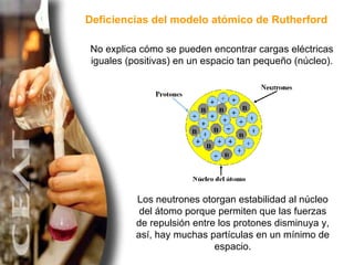 Deficiencias del modelo atómico de Rutherford No explica cómo se pueden encontrar cargas eléctricas iguales (positivas) en...