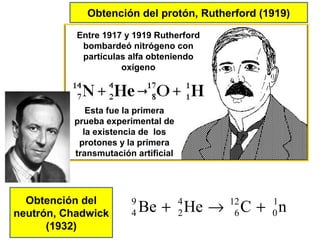 Esta fue la primera
prueba experimental de
la existencia de los
protones y la primera
transmutación artificial
Entre 1917 y 1919 Rutherford
bombardeó nitrógeno con
partículas alfa obteniendo
oxígeno
Obtención del
neutrón, Chadwick
(1932)
Obtención del protón, Rutherford (1919)
nCHeBe 1
0
12
6
4
2
9
4 +→+
 