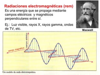 Radiaciones electromagnéticas (rem)
Es una energía que se propaga mediante
campos eléctricos y magnéticos
perpendiculares entre sí.
Ej.: Luz visible, rayos X, rayos gamma, ondas
de TV, etc. Maxwell
 
