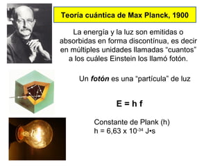 Teoría cuántica de Max Planck, 1900
La energía y la luz son emitidas o
absorbidas en forma discontínua, es decir
en múltiples unidades llamadas “cuantos”
a los cuáles Einstein los llamó fotón.
E = h f
Constante de Plank (h)
h = 6,63 x 10-34
J•s
Un fotón es una “partícula” de luz
 