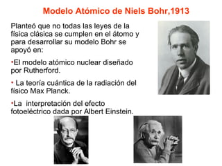 Modelo Atómico de Niels Bohr,1913
Planteó que no todas las leyes de la
física clásica se cumplen en el átomo y
para desarrollar su modelo Bohr se
apoyó en:
•El modelo atómico nuclear diseñado
por Rutherford.
• La teoría cuántica de la radiación del
físico Max Planck.
•La interpretación del efecto
fotoeléctrico dada por Albert Einstein.
 