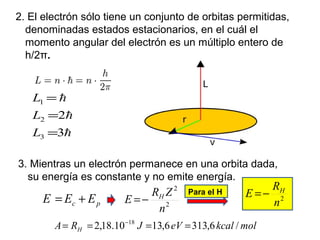 


3
2
3
2
1
=
=
=
L
L
L
2. El electrón sólo tiene un conjunto de orbitas permitidas,
denominadas estados estacionarios, en el cuál el
momento angular del electrón es un múltiplo entero de
h/2π.
3. Mientras un electrón permanece en una orbita dada,
su energía es constante y no emite energía.
pc EEE += 2
2
n
ZR
E H
−=
molkcaleVJRA H /6,3136,1310.18,2 18
==== −
Para el H
2
n
R
E H
−=
 