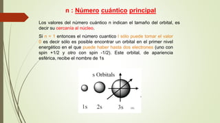 n : Número cuántico principal 
Los valores del número cuántico n indican el tamaño del orbital, es 
decir su cercanía al núcleo. 
Si n = 1 entonces el número cuantico l sólo puede tomar el valor 
0 es decir sólo es posible encontrar un orbital en el primer nivel 
energético en el que puede haber hasta dos electrones (uno con 
spin +1/2 y otro con spin -1/2). Este orbital, de apariencia 
esférica, recibe el nombre de 1s 
 